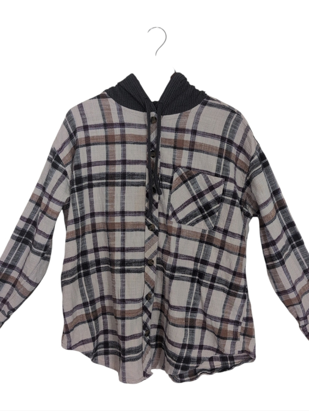 Women's Hoodie 1X Brown/Purple‎ Plaid Lightweight Cotton Transitional Buttons